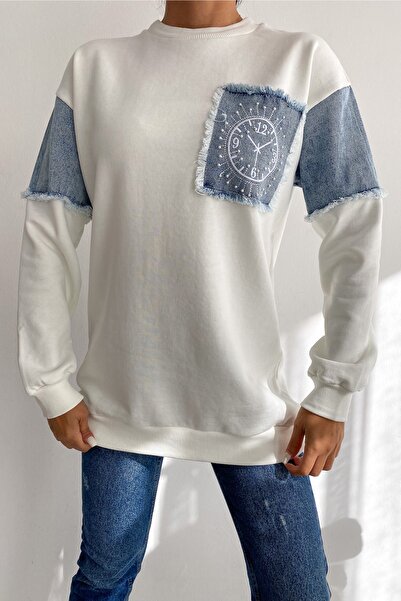 FEMELLE Women's Ecru Denim Detailed Stone Embroidered Cotton Sweatshirt