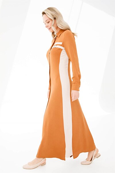 Esswaap Yanları Garnili Gizli Patlı Elbise Taba