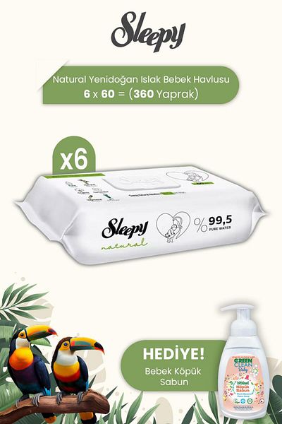 Sleepy Natural Newborn Wet Baby Towels 60 Pieces X 6 Pieces And Baby Foam Soap