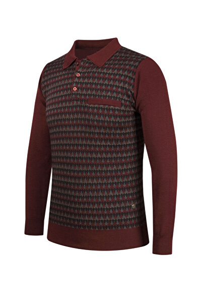 Çizgi Triko Men's Claret Red Polo Collar Knitwear Sweater Patterned Sleeve and Waist Elastic Steel Knit Classic Fit