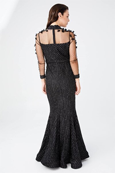 Esswaap Balık Kesimli, Tül Ve Dantelden Oluşan Şık Abiye Elbise Siyah