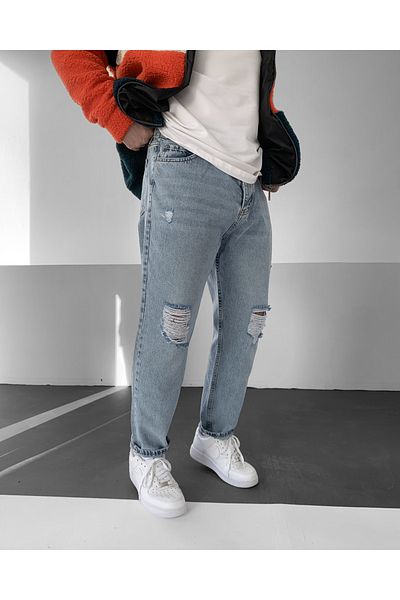 NO1 KONSEPT Pantaloni boyfriend rupti cu șnur de șlefuire albastru gheață