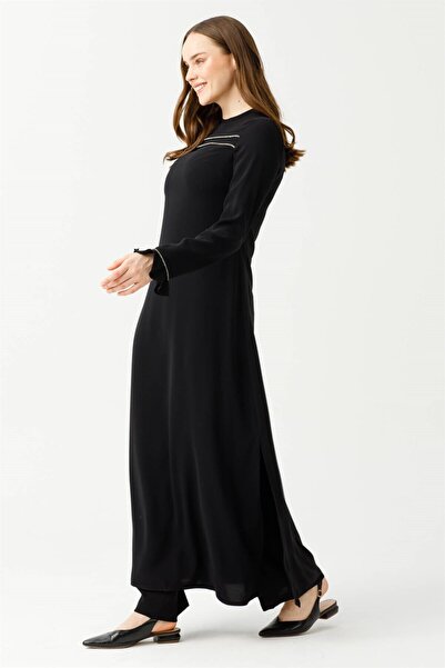 Esswaap Yırtmaç Ve Şık Biye Detaylı Pantolon Ve Uzun Tunikli Takım Siyah