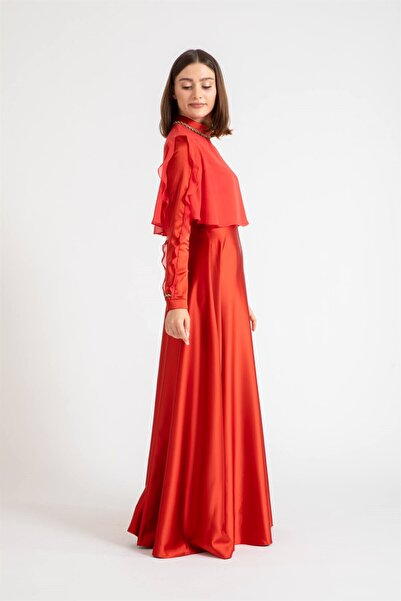 Esswaap Stone Detailed Evening Dress with Ruffle Sleeves and Caramel