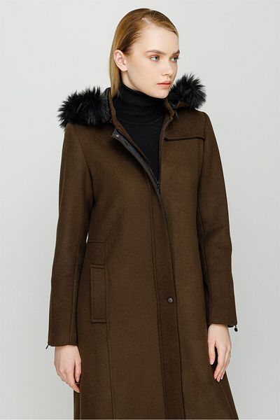 Esswaap Fur Detailed Hooded Full Length Coat Khaki
