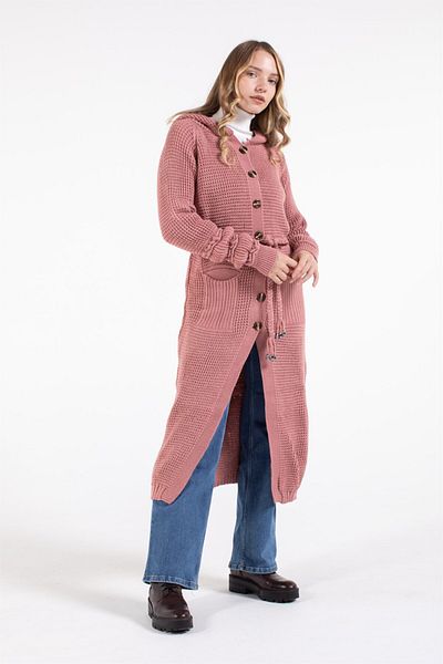 Esswaap Μακριά ζακέτα Dusty Rose με διπλή τσέπη με κουκούλα