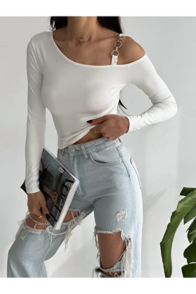 QUTTA Women's White One Shoulder Loop Long Sleeve Diving Fabric Crop Blouse