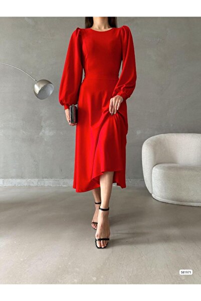 twomeey Kadın Balon Kol Etek Detay İthal Krep Kumaş Elbise (Renkli)