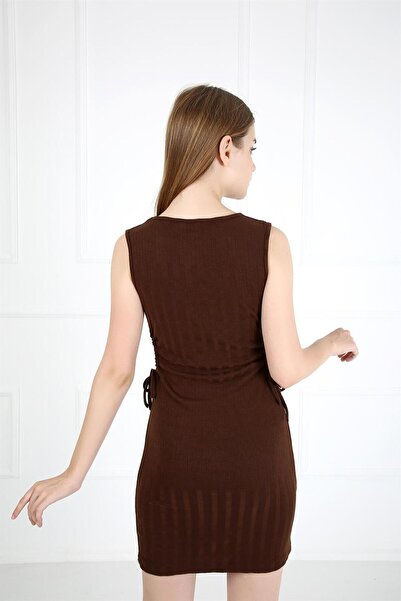 Genel Markalar Kadın Bel Detaylı Fitilli Elbise Kahverengi