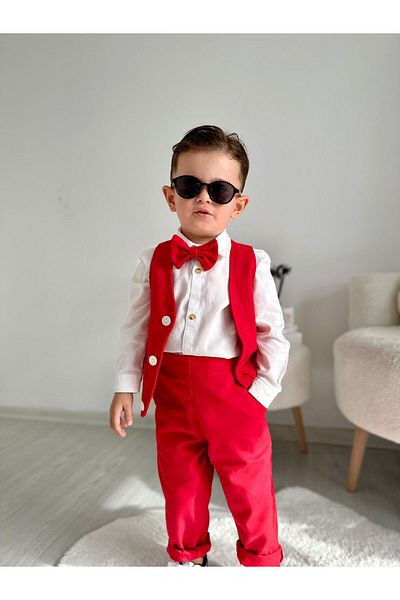 favorimkids Boy's Suit - Set of 4 with Red Gabardine Vest