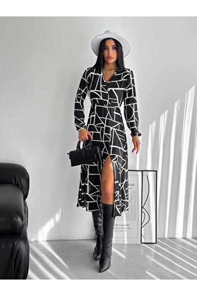 twomeey Дамска рокля с двойна яка, шарена, от ликра и цепка (цветна)