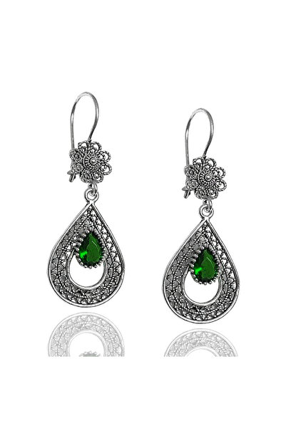 Midyat Nurtaş Gümüş Zümrüt Taşlı Damla Tasarım Telkari Gümüş Küpe