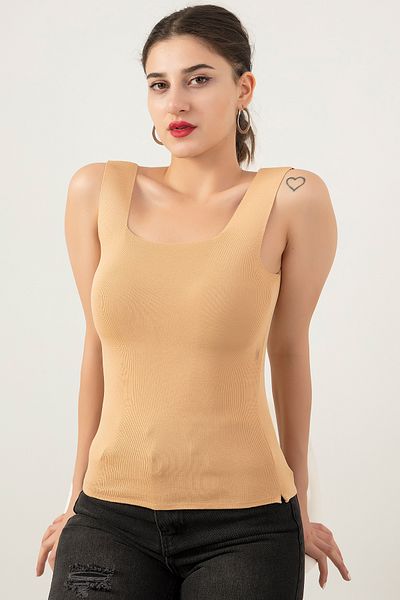 PULLIMM Women's Beige Tank Top Thick Strap Tank Top Thin Summer Square Neck Knitwear ESP039