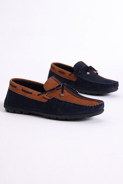 Tonny Black Men's Navy Blue Colored Genuine Leather Loafer with Bow on the Front