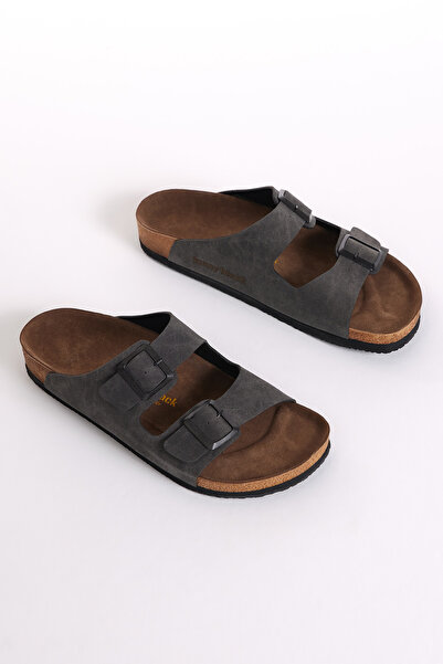 Tonny Black Unisex Smoked Comfortable Poly Sole Double Buckle Nubuck Slippers