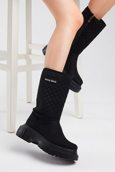 Tonny Black Bequeme lange Damenstiefel aus schwarzem Wildleder mit Steppmuster