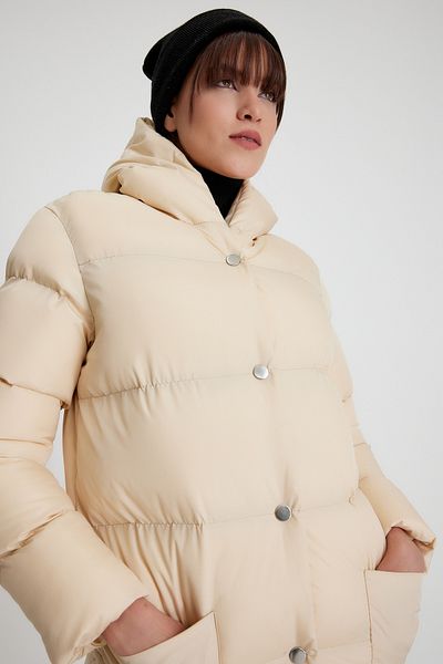 Tonny Black Women's Beige Monica Regular Cut Long Front Button Filled Waterproof Fabric Hooded Coat Tbg094
