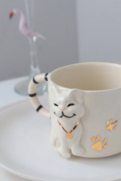 ada mia seramik El Yapımı Kedi Figürlü 24K Altın Dekorlu Seramik Mug 250ml