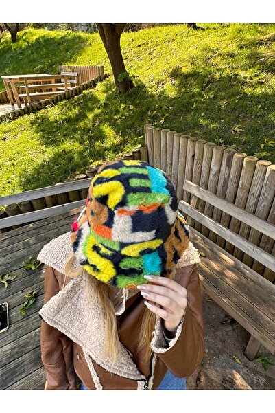 Eke Tekstil Kadın Renkli Peluş Kova Şapka