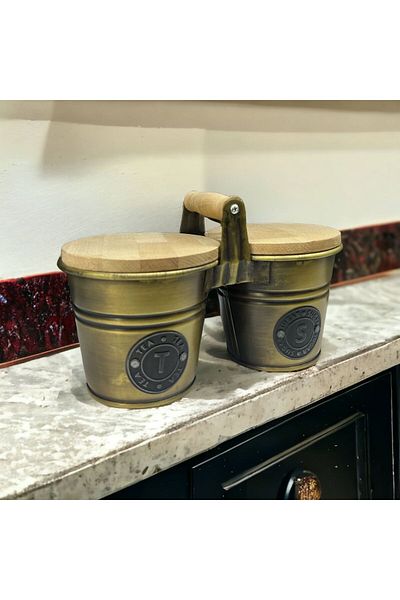 LUCKYHOMES حاوية تخزين حلوى الشاي المزدوجة المطلية بالذهب مع غطاء خشبي 12X12