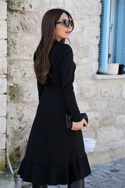 JANES Rochie de damă cu mâneci lungi din material crepon, lungime midi, cu curea