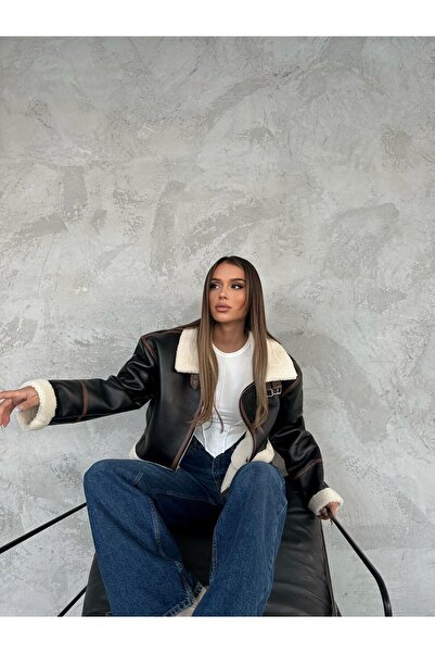 VESS MODA Biye Detaylı Midi Kadın Deri Mont