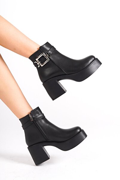 Modabuymus Tancez Siyah Kalın Platform Topuklu Tokalı Bot