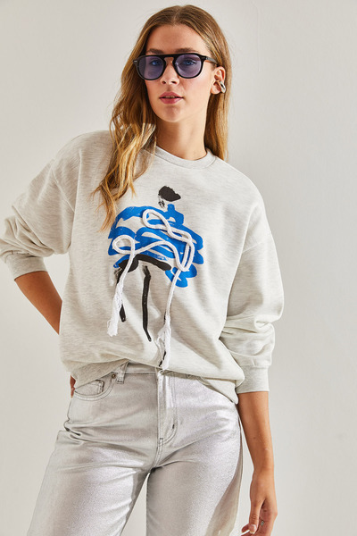 Bianco Lucci Women's Paint Patterned Oversize Three Thread Raised Sweatshirt