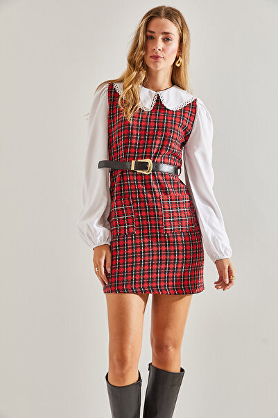 Bianco Lucci Women's Belted Plaid Patterned Collar Dress