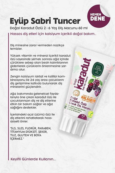 Eyüp Sabri Tuncer Natural Black Mulberry Extract 2 - 6 Years Old Toothpaste 60 ml