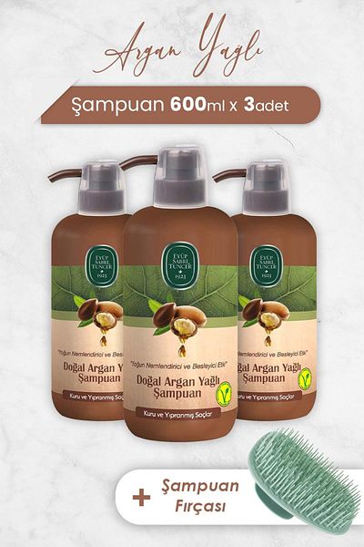 Eyüp Sabri Tuncer 600 ml Argan Oil Shampoo - X 3 Pieces and Shampoo Brush