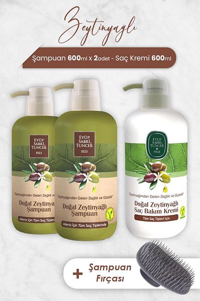 Eyüp Sabri Tuncer Olive Oil Shampoo - 600 ml X 2 Pieces, Conditioner and Brush Set