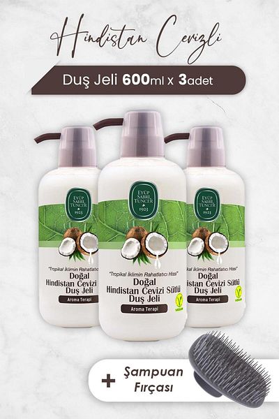 Eyüp Sabri Tuncer Coconut Shower Gel 600 ml X 3 Pieces And Shampoo Brush