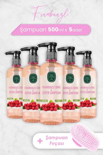 Eyüp Sabri Tuncer Raspberry Vinegar and Super Shampoo - 500ml X 5 Pieces and Shampoo Brush