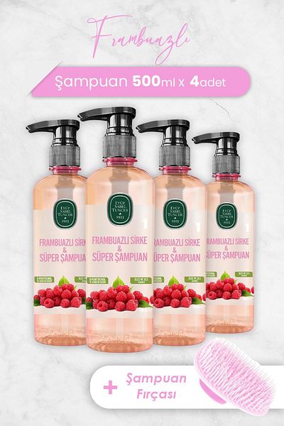 Eyüp Sabri Tuncer Raspberry Vinegar and Super Shampoo - 500ml x 4 Pcs and Shampoo Brush