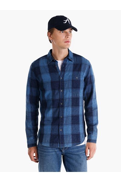 Colin's Синя мъжка риза с дълъг ръкав Slim Fit с карирани деколтета