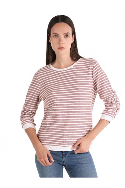 Colin's Pink Striped Regular Fit Women's Long Sleeve T-Shirt - Crew Neck