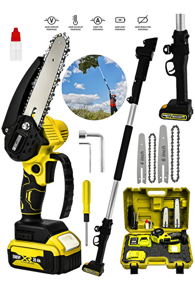 Graizer Alman 598 Vf 20 Ah Akülü Şarjlı Dal Kesme Budama Testere Bıçkı Makinesi + 2 Metre Teleskopik Uzatma