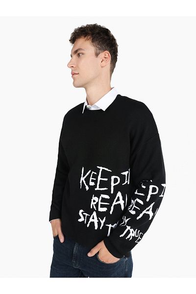 Colin's Pulover negru pentru bărbați, cu croială normală, cu decolteu, cu imprimeu text