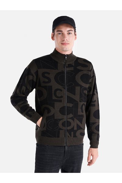 Colin's Black Knitwear Men's Cardigan - Regular Fit, Zippered and Printed