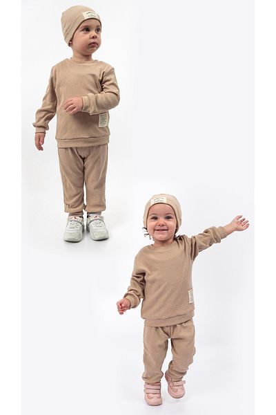 Bubito Unisex Hat Crest Detailed Waffle 3-Piece Bottom Top Set-Beige