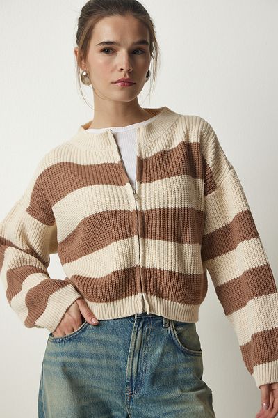 Happiness İstanbul Women's Cream Biscuit Zippered Striped Knit Cardigan MC00246