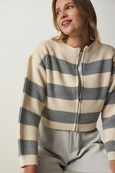 Happiness İstanbul Women's Cream Gray Zippered Striped Knit Cardigan MC00246