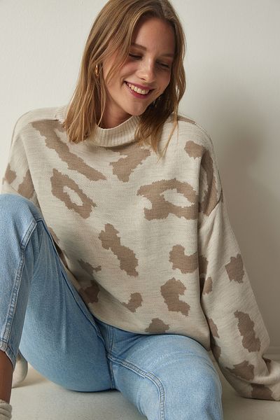 Happiness İstanbul Pulover din tricot gros pentru damă, cu model crem, KB00035