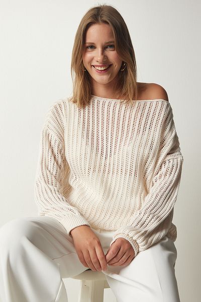Happiness İstanbul Pulover de damă, crem, cu gât de barcă, ajurat, tricotaj, YU00008