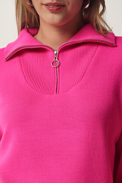 Happiness İstanbul Női fukszia cipzáras gallérral egyszerű kötöttáru pulóver PF00007