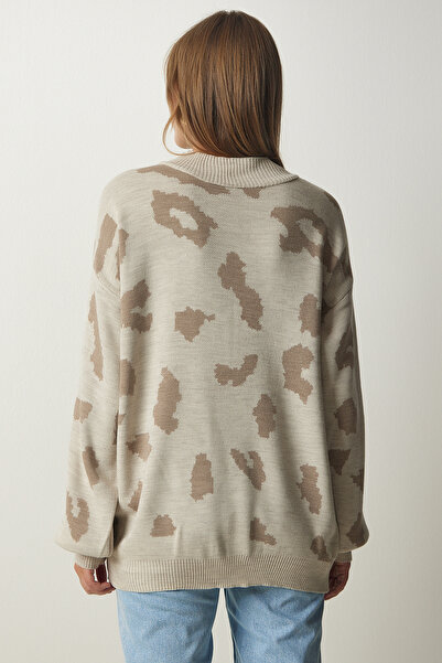 Happiness İstanbul Pulover din tricot gros pentru damă, cu model crem, KB00035