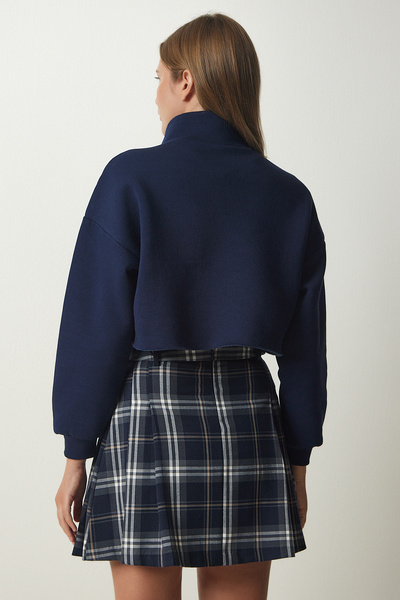 Happiness İstanbul Dámská námořnická modrá pletená mikina na zip se zvýšeným úpletem HF00441