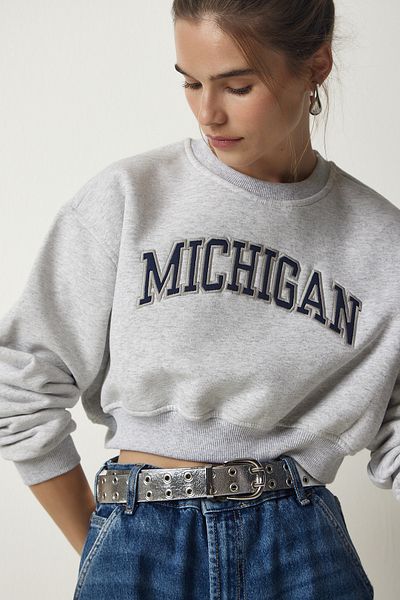 Happiness İstanbul Women's Gray Printed Raised Crop Knitted Sweatshirt HF00443