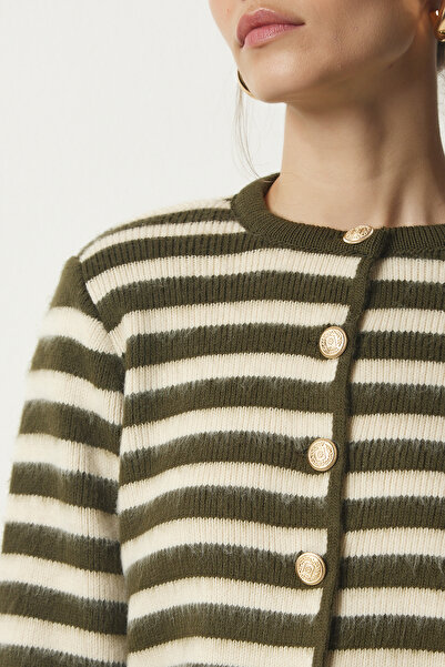 Happiness İstanbul Női khaki fémgombos részletes csíkos kötöttáru kardigán PF00043